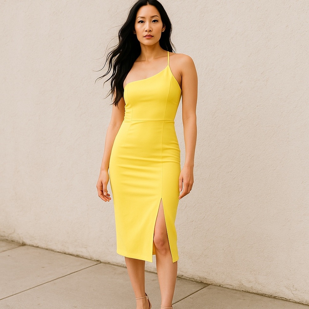 Hello Molly Yellow One Shoulder Ruched Midi Dress